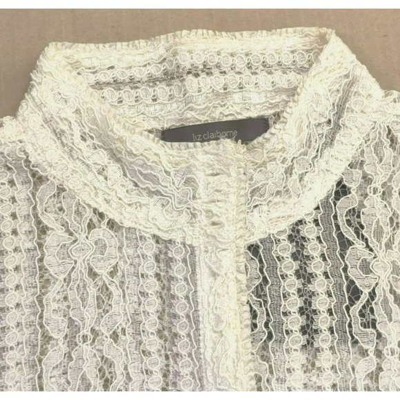 NWT Liz Claiborne Size M White Sheer Lace Button Down Short Sleeve Blouse - Picture 6 of 15